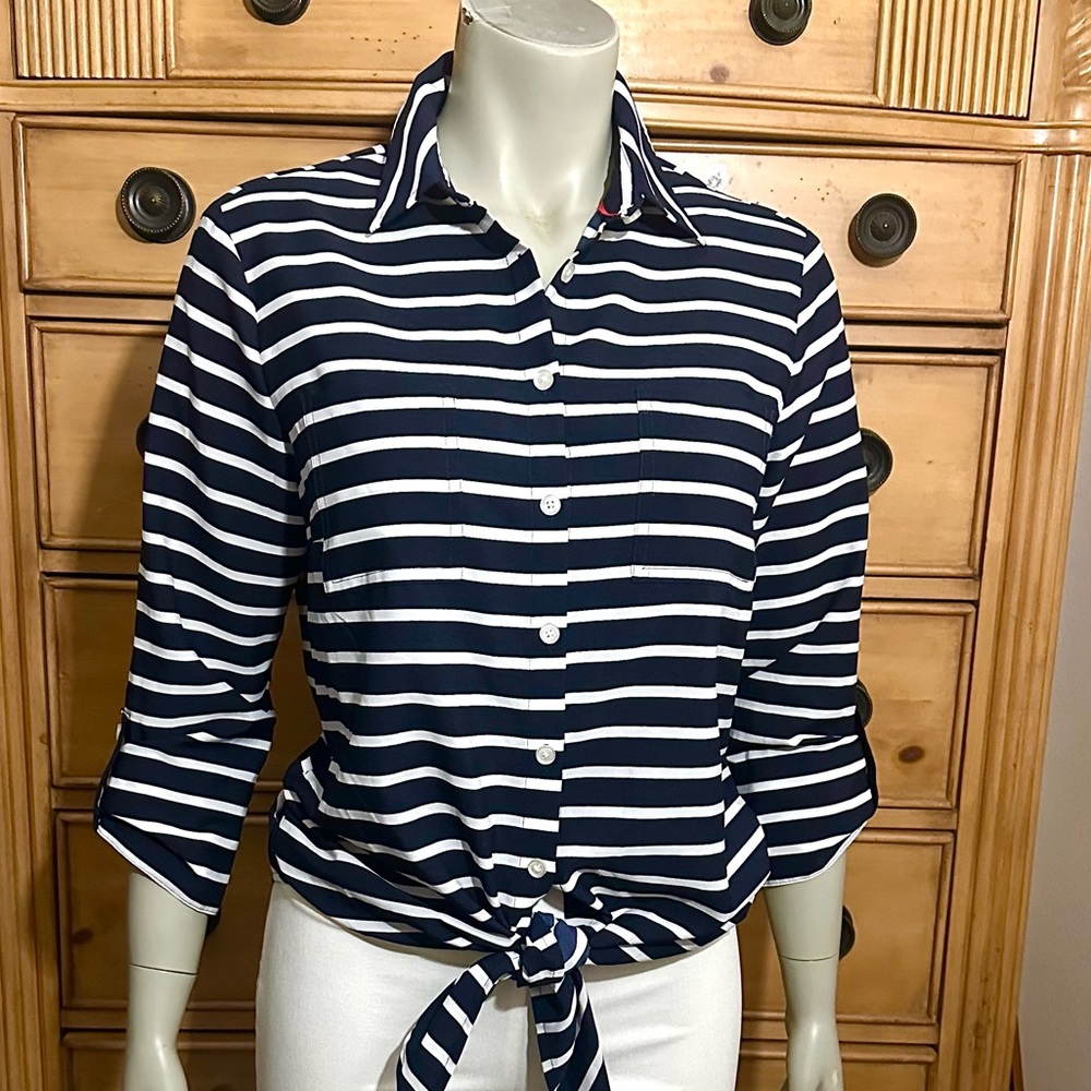 Women’s Jones New York Signature 3/4 Button Down Tie Knot Front Top Sz Medium